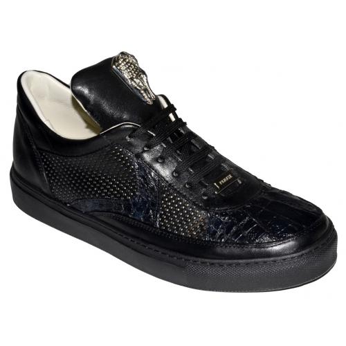 Fennix Italy 402 Black Genuine Hornback Crocodile / Calf Sneakers.